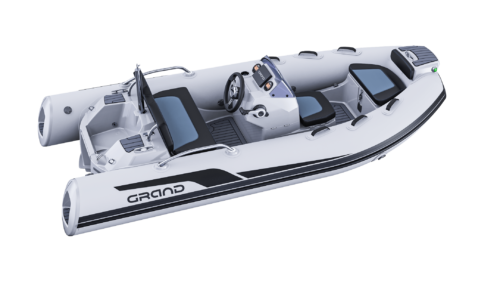 GRAND Goldenline luxury rigid inflatable boat (RIB) tender with fiberglass hull & console. At 11’10” long, it is rated for 50HP max.