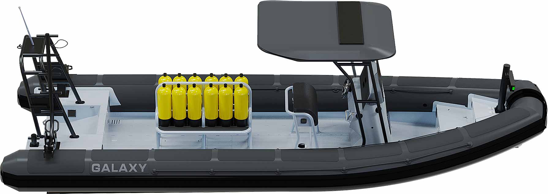 GALAXY PILOT professional rigid inflatable boat (RIB) at 25′ 7″ long, rated max 500 HP, SCUBA configuration with aluminum hull, steering console, seating, T-top, air tank storage.