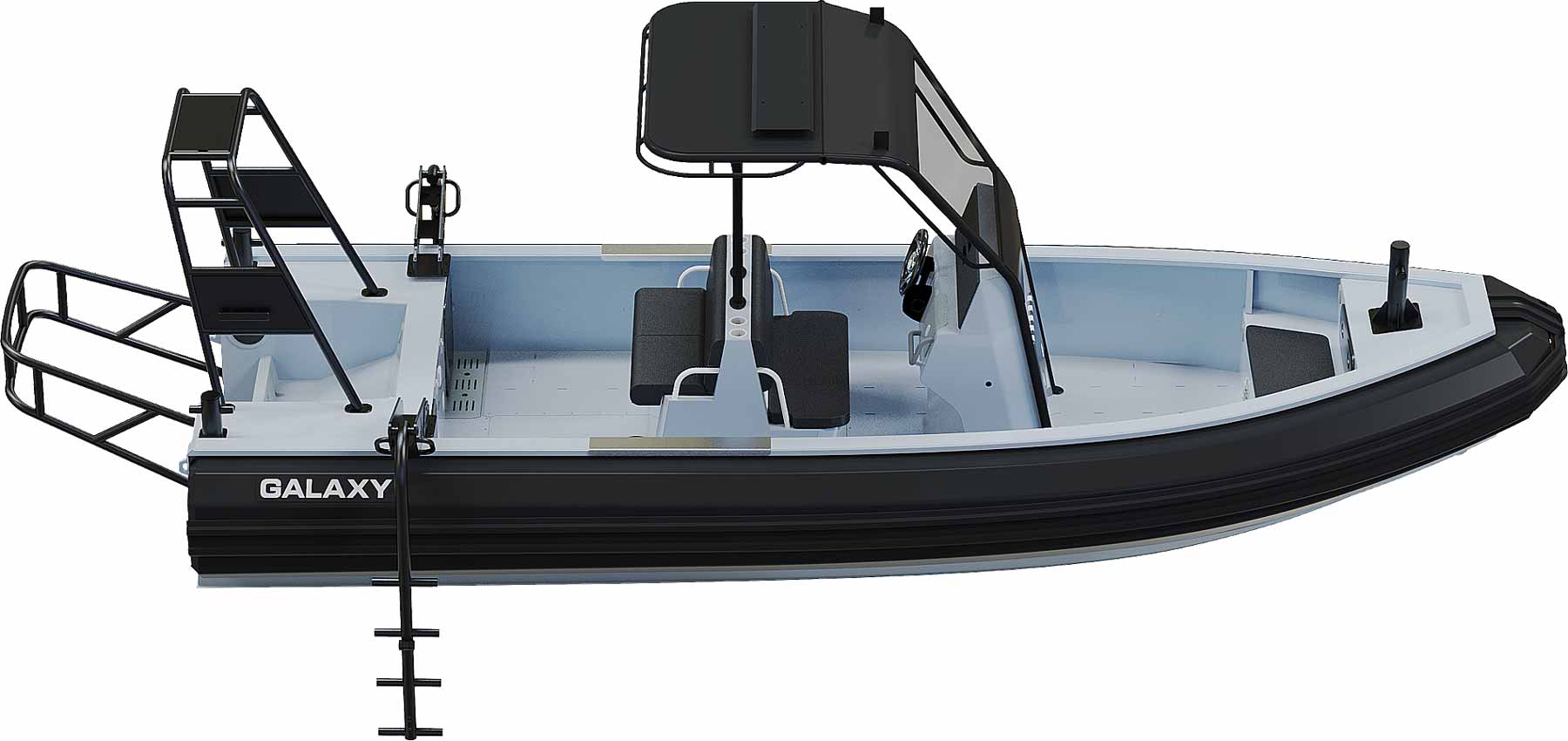 GALAXY Trident professional rigid inflatable boat (RIB) at 21′ 4” long, rated for max 300 HP, with aluminum hull, steering console, T-top, seating, arch, engine guard, and ladders.