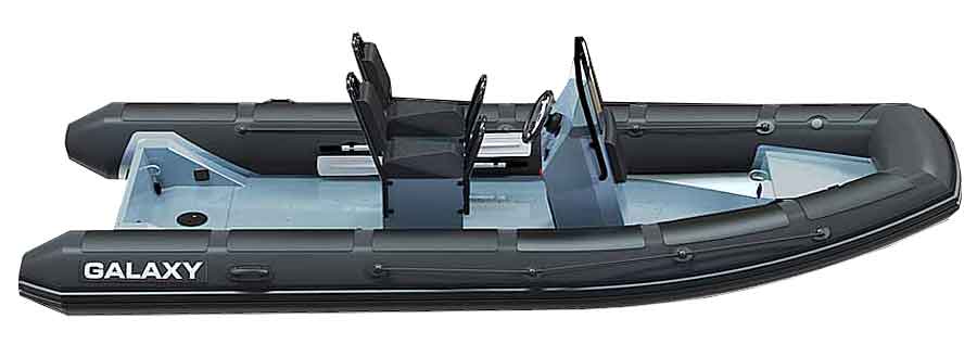 GALAXY PILOT professional rigid inflatable boat at 16’5″ long, rated for 100 HP max, aluminum hulled, & highly customizable.